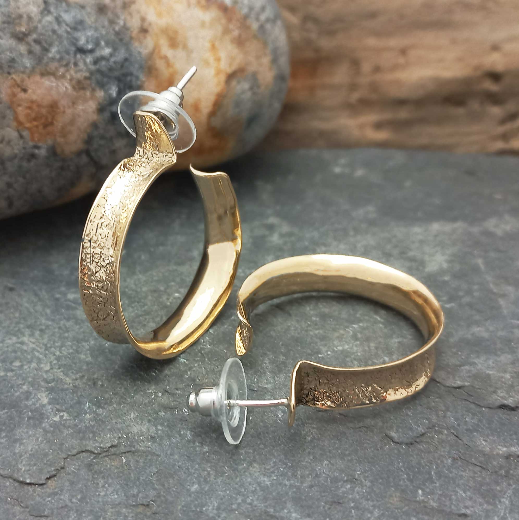 Golden brass handmade textured semi hoop earrings sterling silver posts