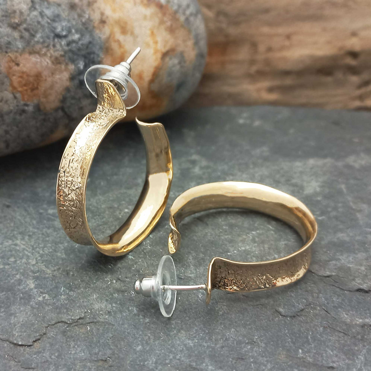 Golden brass handmade textured semi hoop earrings sterling silver posts