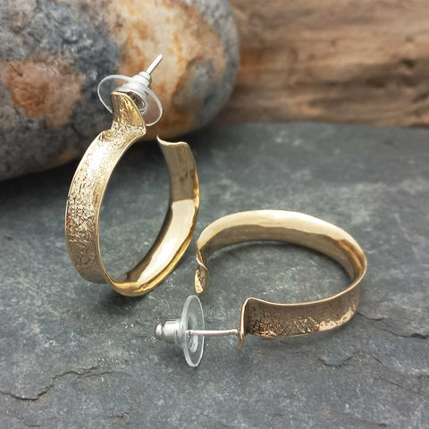 Golden brass handmade textured semi hoop earrings sterling silver posts