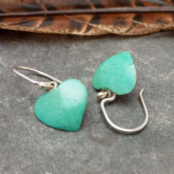 Patina blue green heart drop earrings