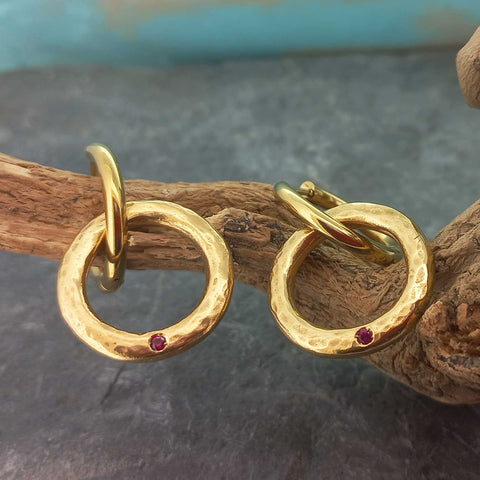 Unusual textured gold plated hoop earrings with red glass cabochon