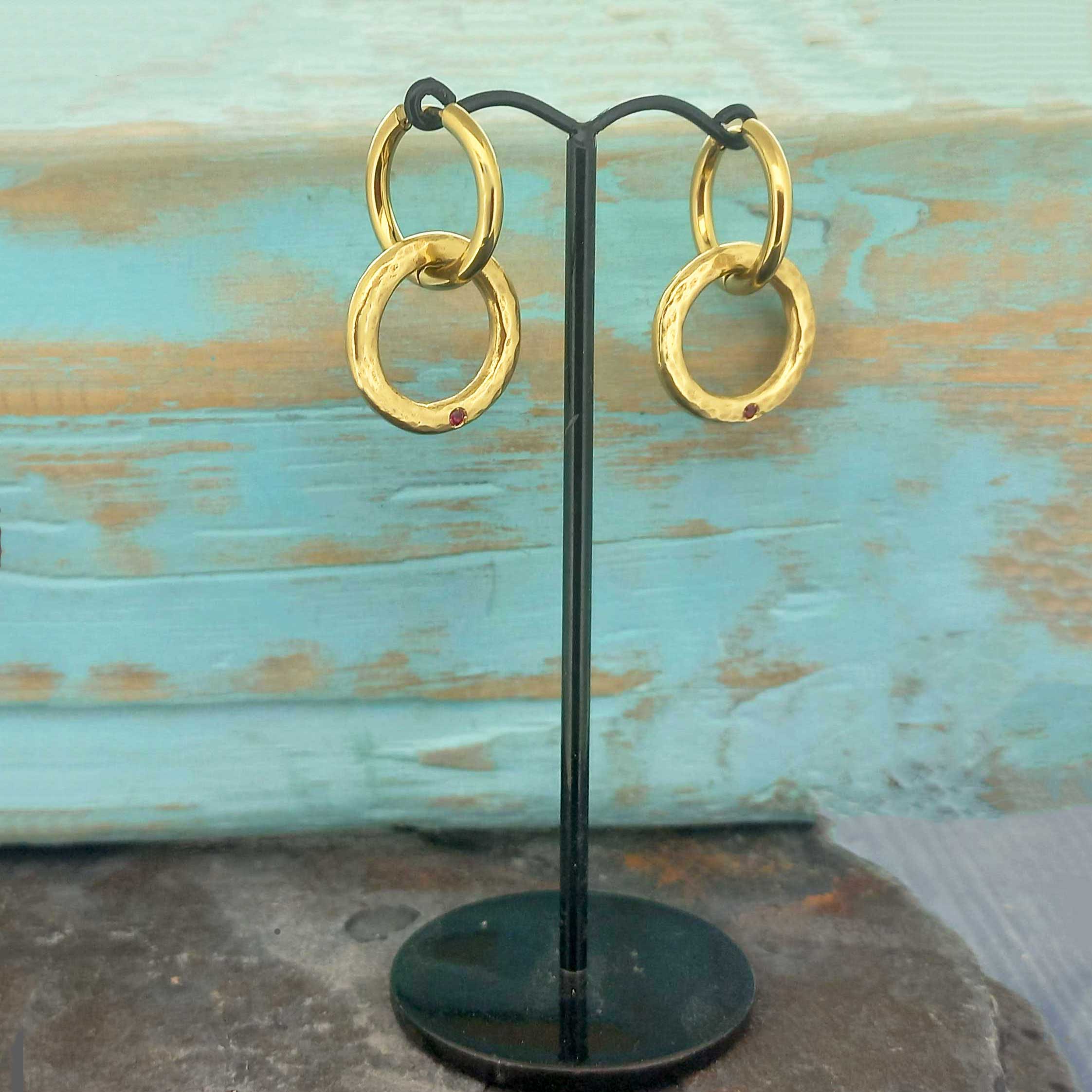 Handmade textured hoop gold plated earrings wtih red glass cabochon