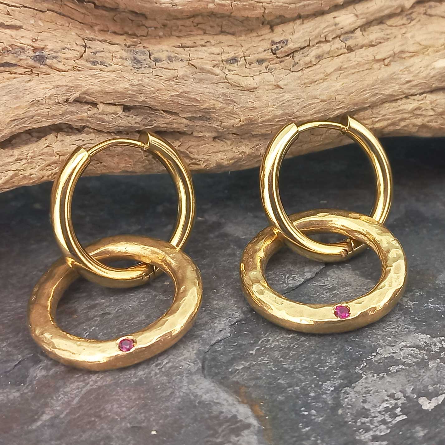Red stone set in gold plated hoop artisanal earrings