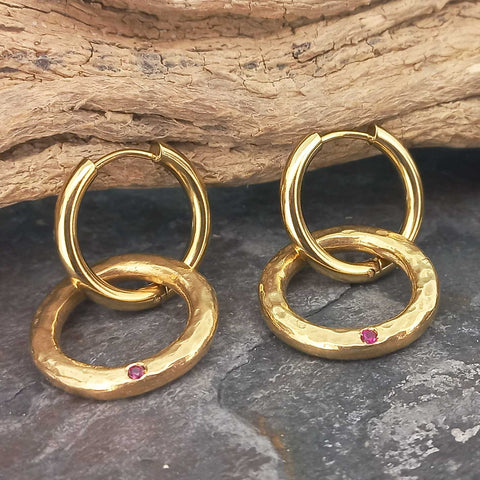 Red stone set in gold plated hoop artisanal earrings