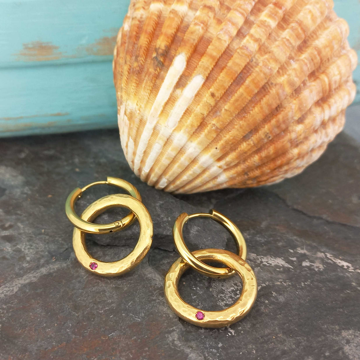 Handmade gold-plated brass earrings with red glass jewel