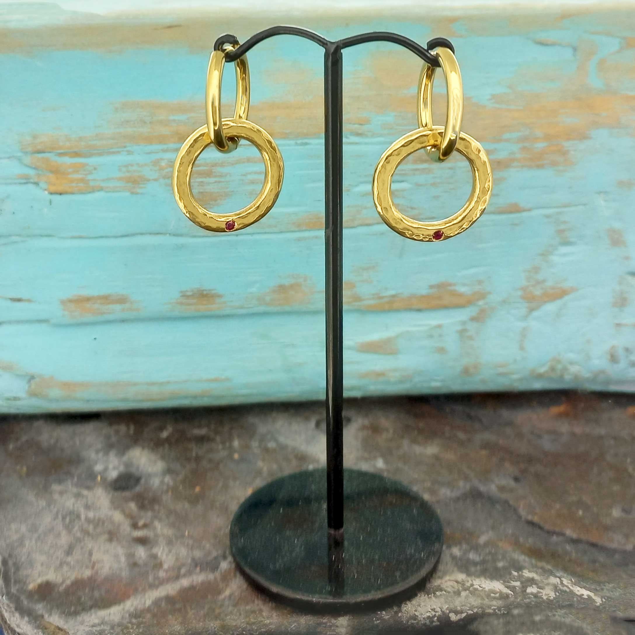 Gold hammered circles with red glass cabochon handmade earrings