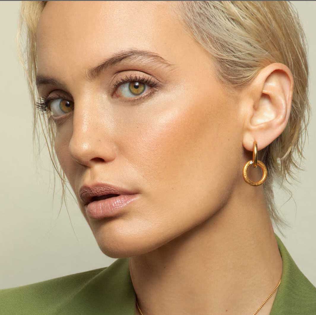 Gold plated circle hoops with white glass jewel