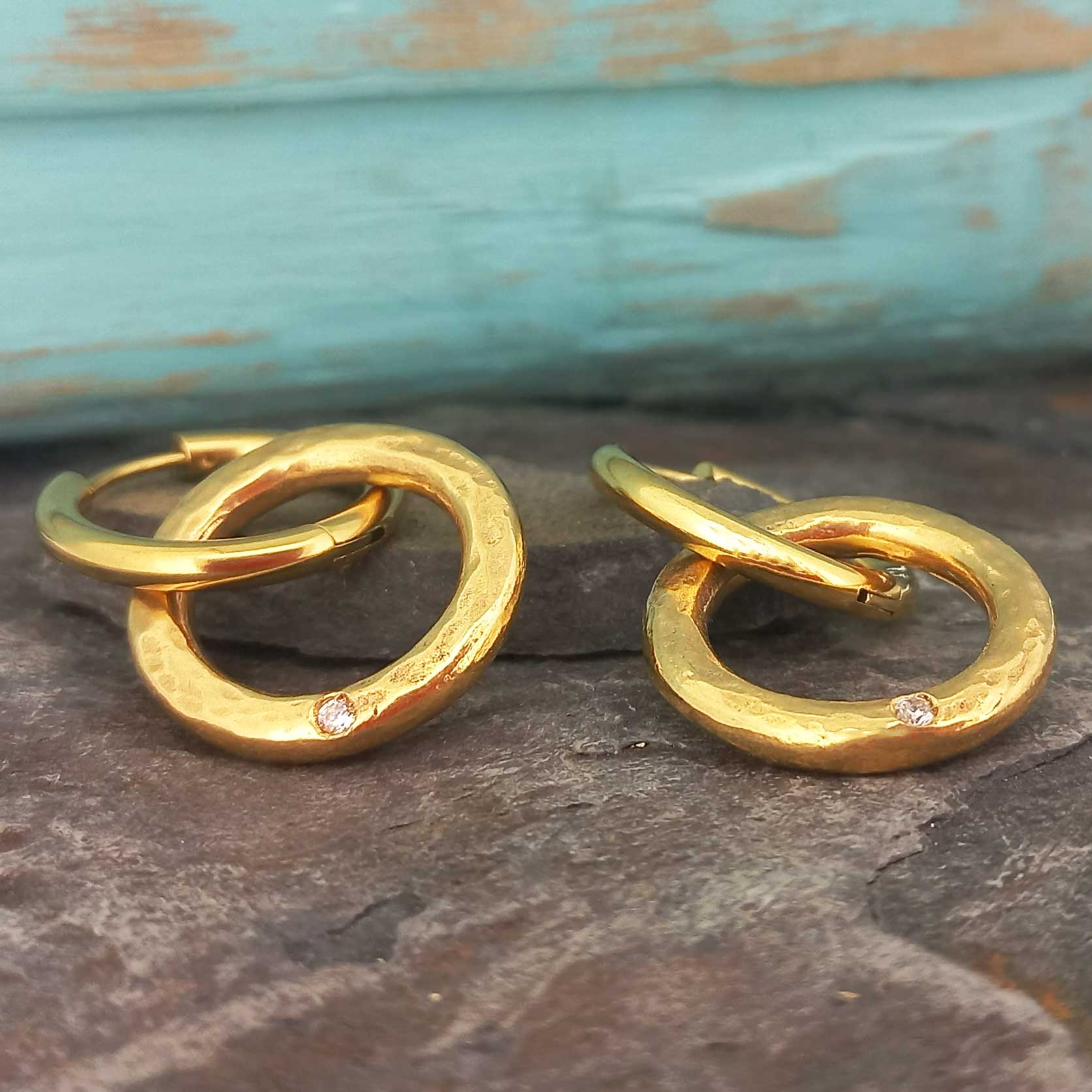 Contemporary glass earrings gold plated with white glass cabochon