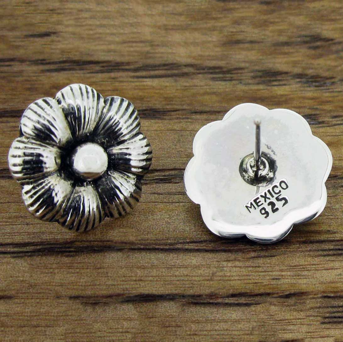 Large handmade silver flower stud earrings