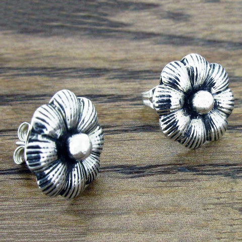 Oxidised silver flower stud earrings
