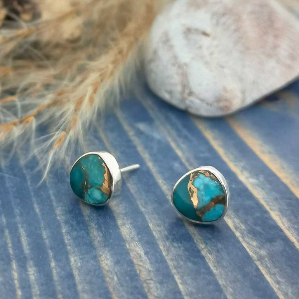 Unusual stud earrings with turquoise stone and bronze