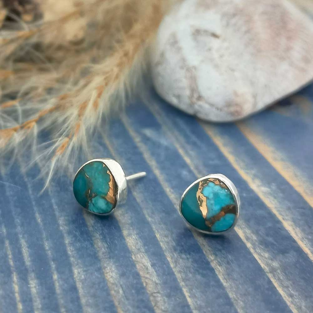 Unusual stud earrings with turquoise stone and bronze