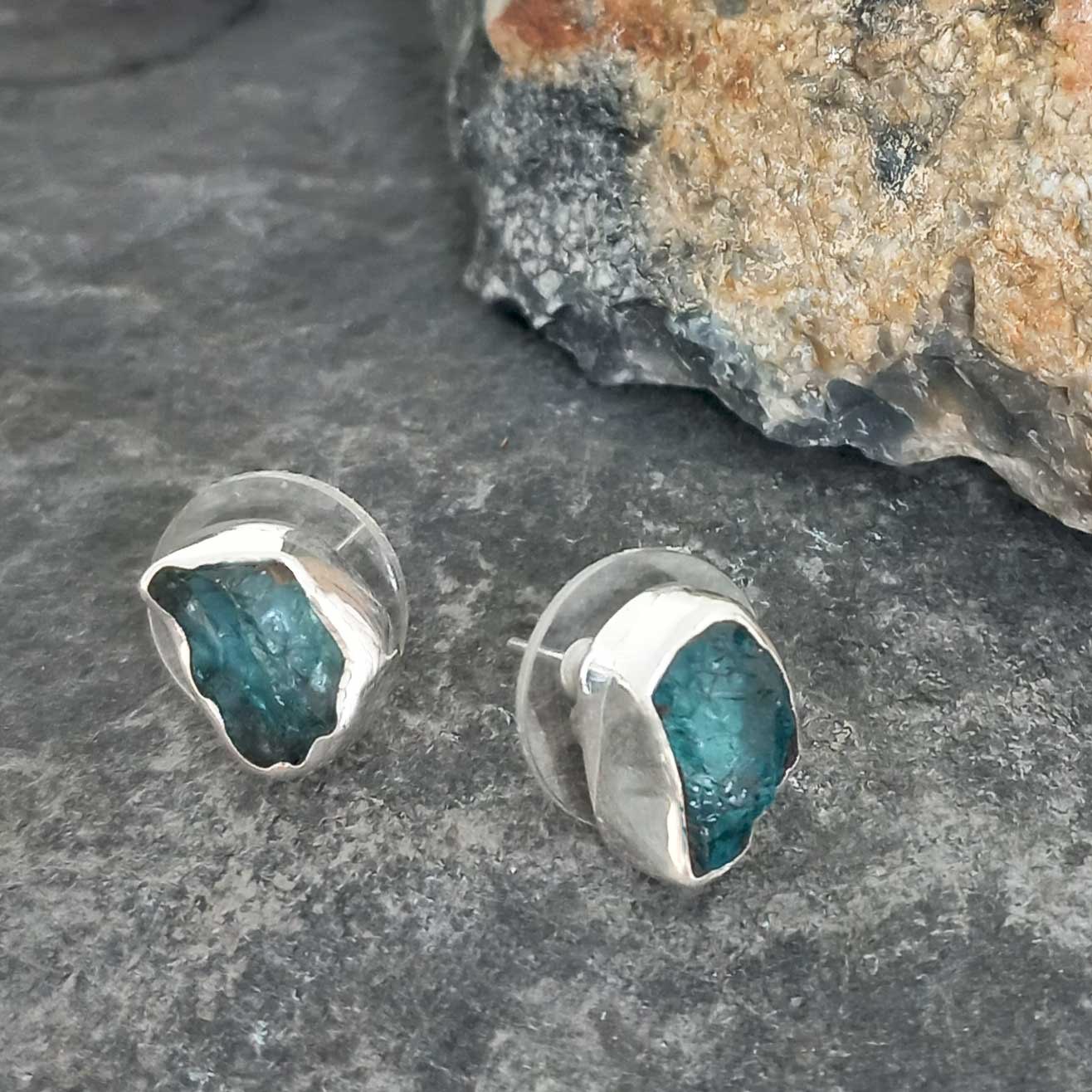 Rustic Apatite Silver Stud Earrings