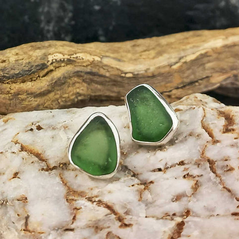 Unusual deep green sea glass silver studs