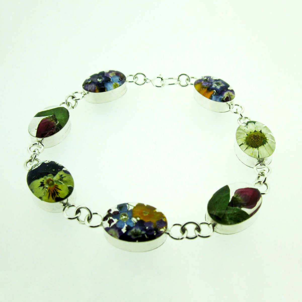 Handmade silver link bracelet with real flowers