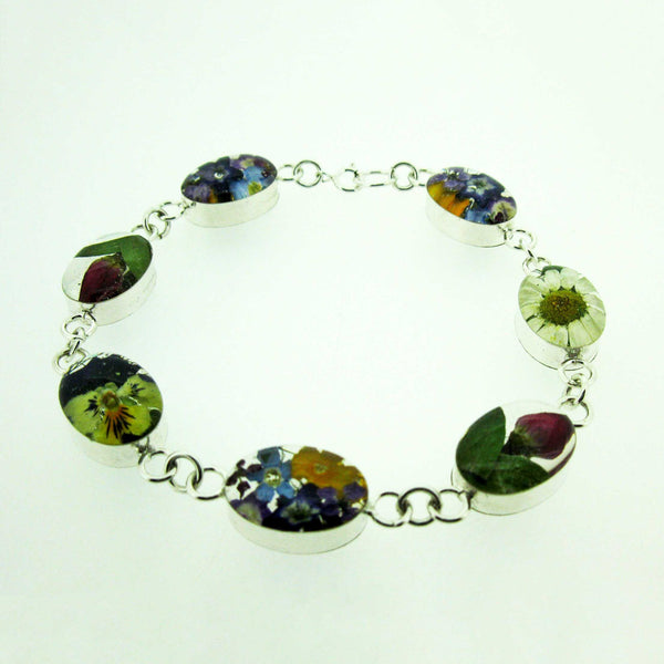 Handmade silver link bracelet with real flowers