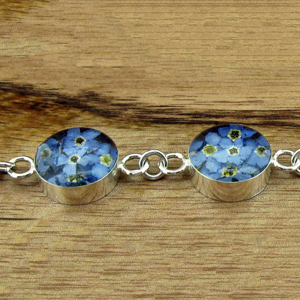 Sterling silver link bracelet with real Forget-me-not Flowers