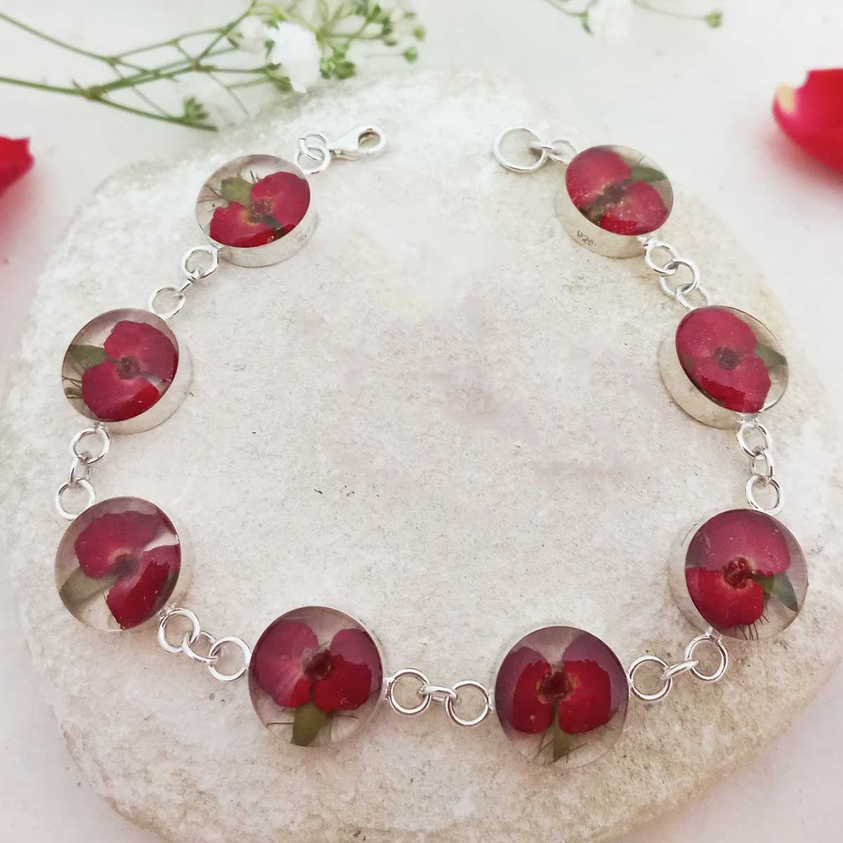 Silver bracelet with real pressed poppy flowers