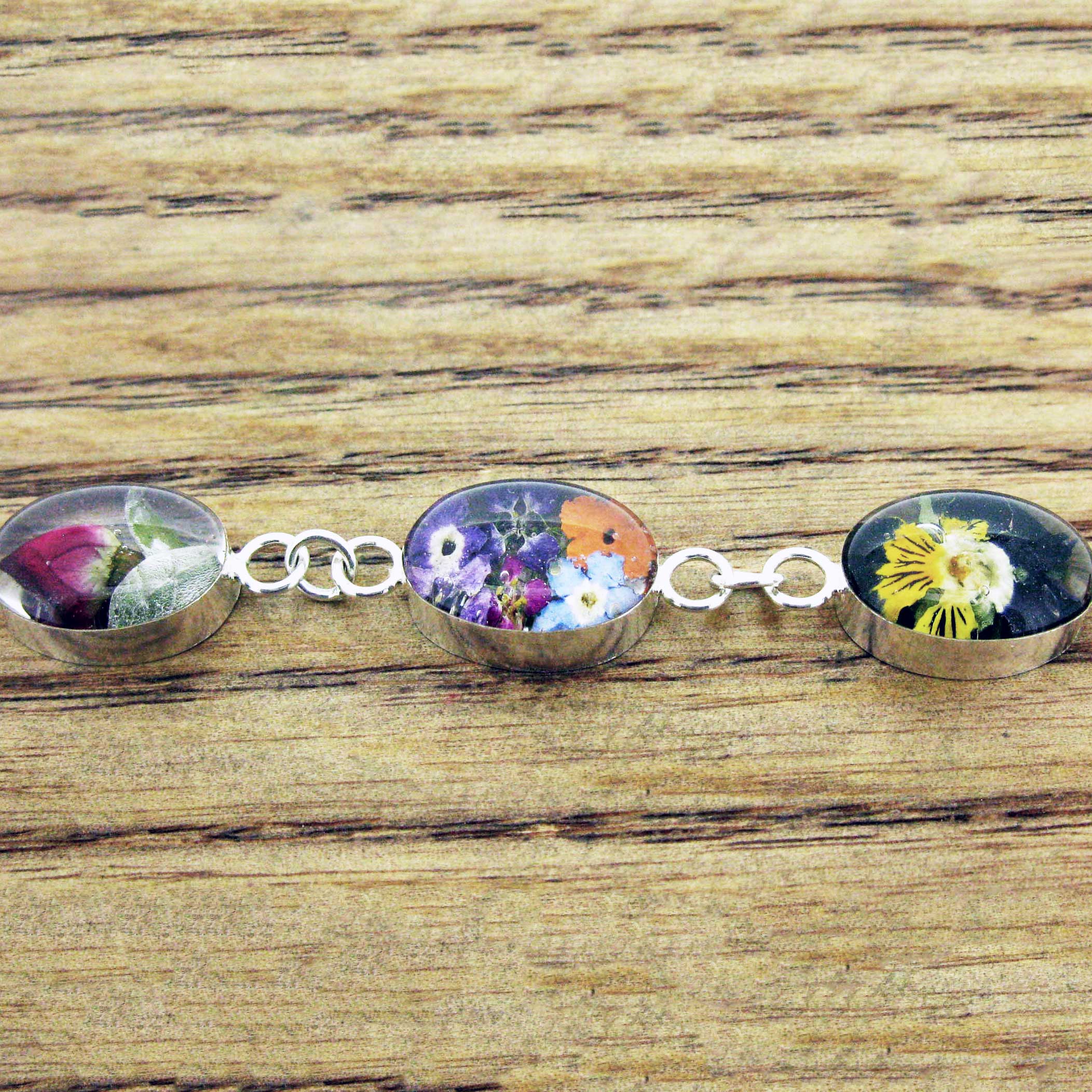 Real pressed flower silver link bracelet