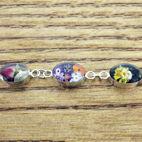 Real pressed flower silver link bracelet