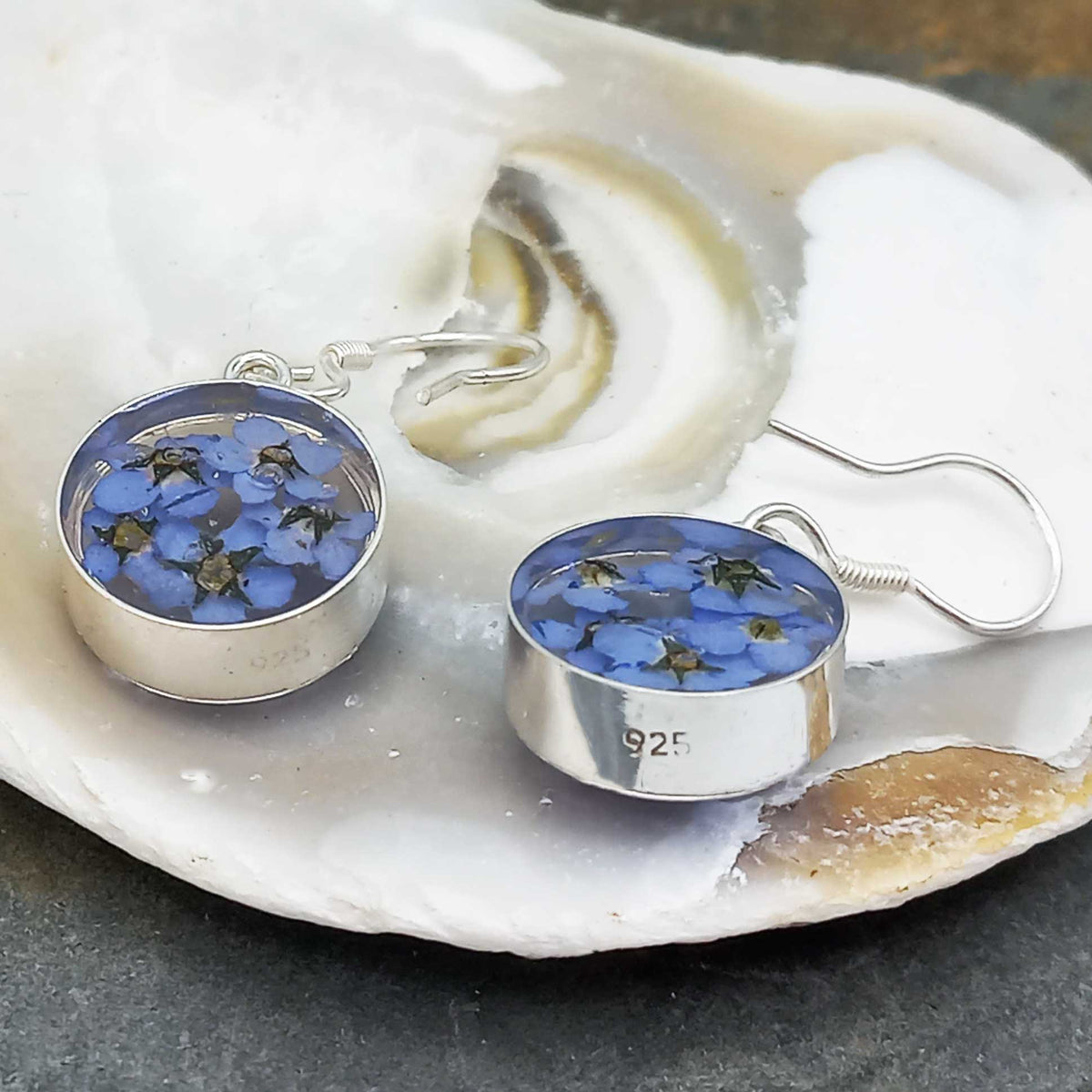 Back of silver earrings with blue flowers on a white shell