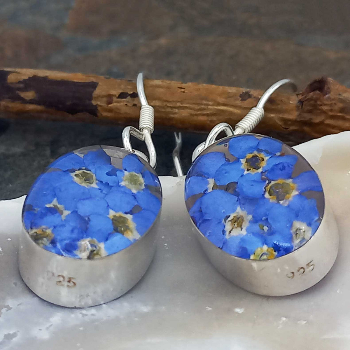 Handmade silver forget-me-not drop earrings
