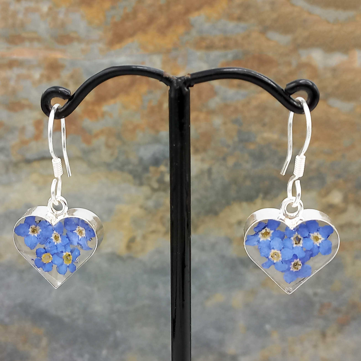 Forget-me-not silver heart drop earrings