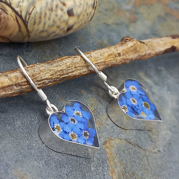 Forget-me-not heart shaped drop silver earrings