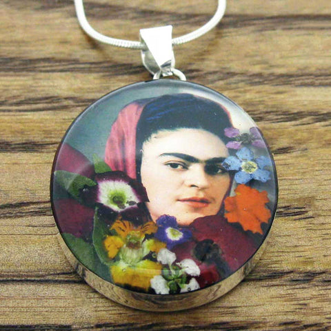 Frida Kahlo Silver Pendant with flowers