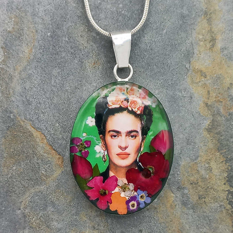 handmade Frida Kahlo with real flowers Silver Pendant