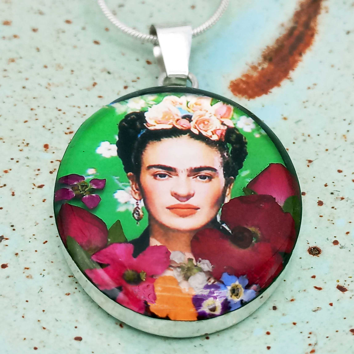 Frida Kahlo with Roses Silver Pendant Main image