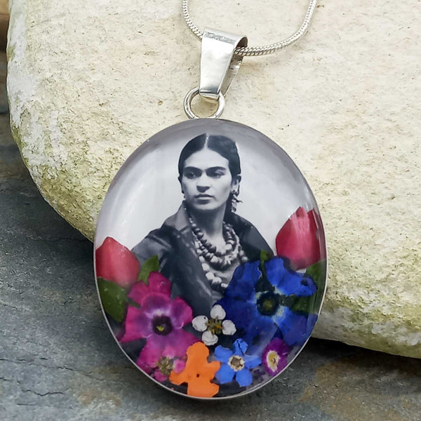 Handmade Silver Frida with pressed flowers pendant