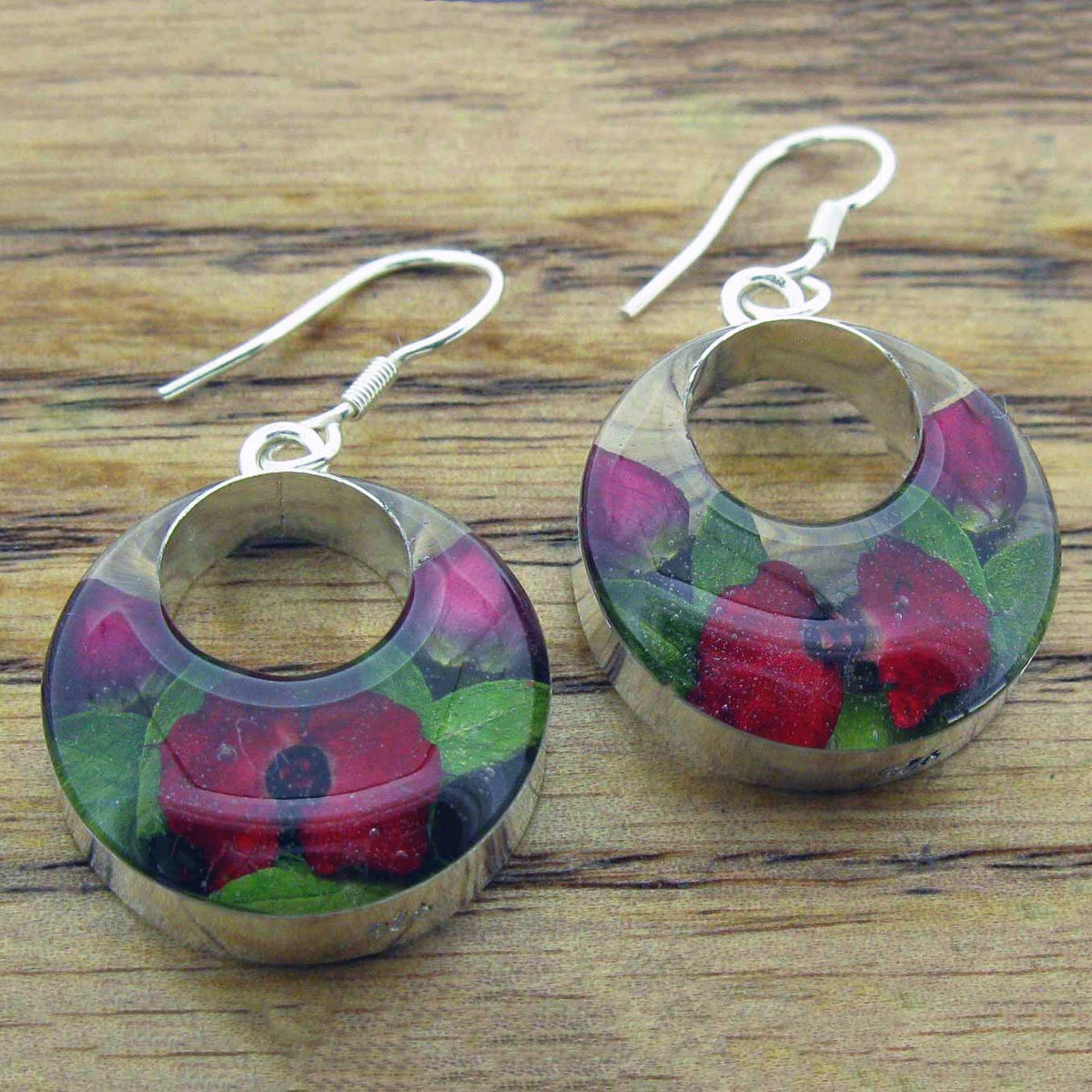 Circle Poppy & Rose Silver Flower Hoop Earrings Main image