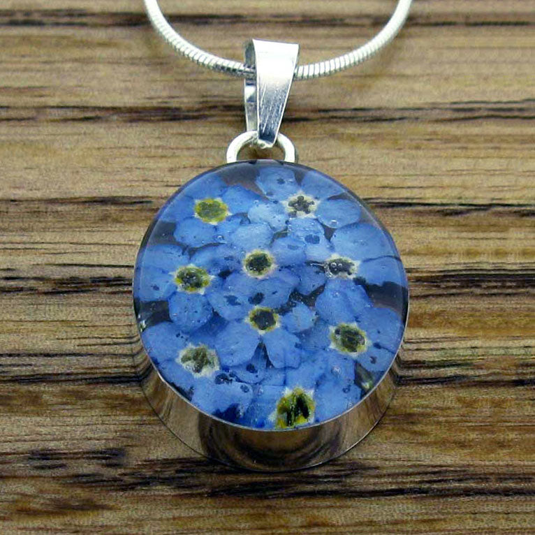 Real pressed Forget-me-not flowers oval pendant