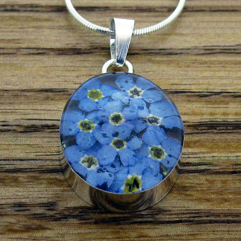 Real pressed Forget-me-not flowers oval pendant