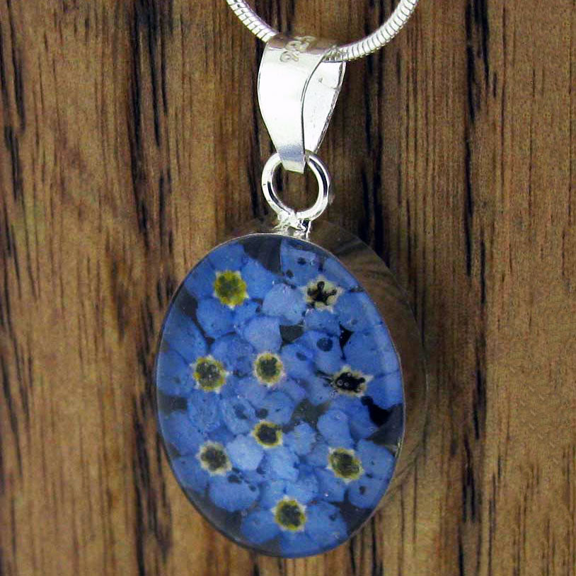 Oval Forget-me-not Silver Flower Pendant Main image