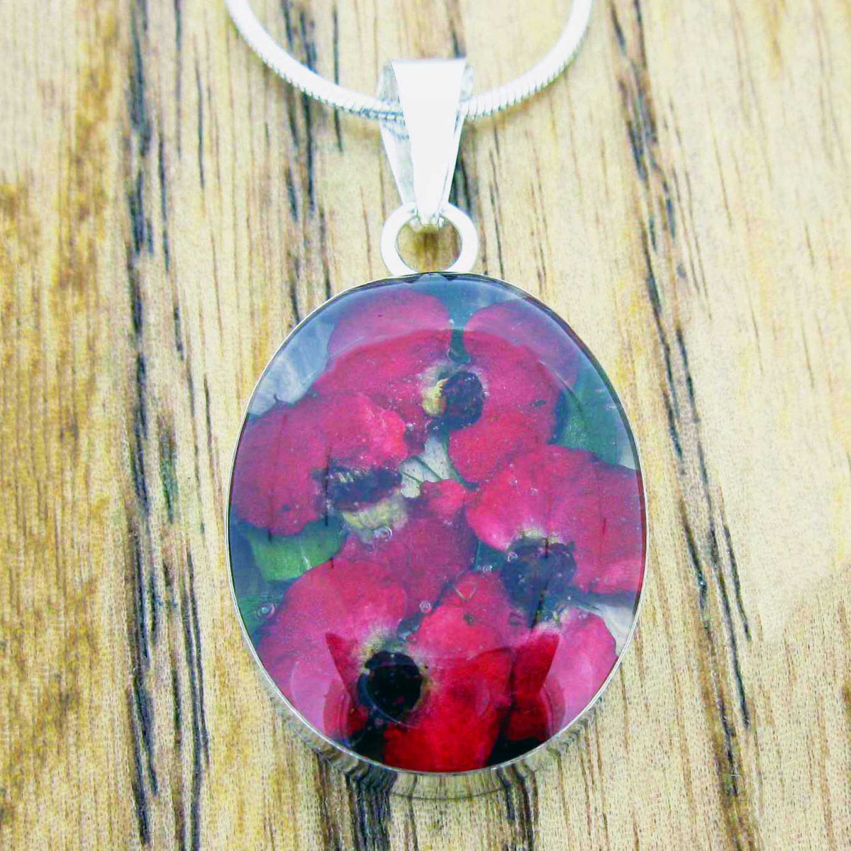 Real pressed poppy silver pendant