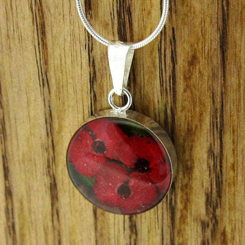 Real poppy silver flower pendant