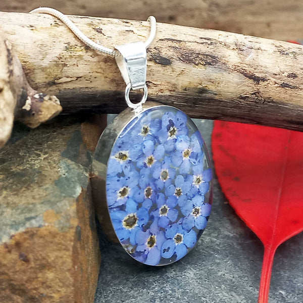 Oval Forget-me-not Silver Flower Pendant