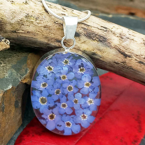 Handmade silver Forget-me-not oval necklace
