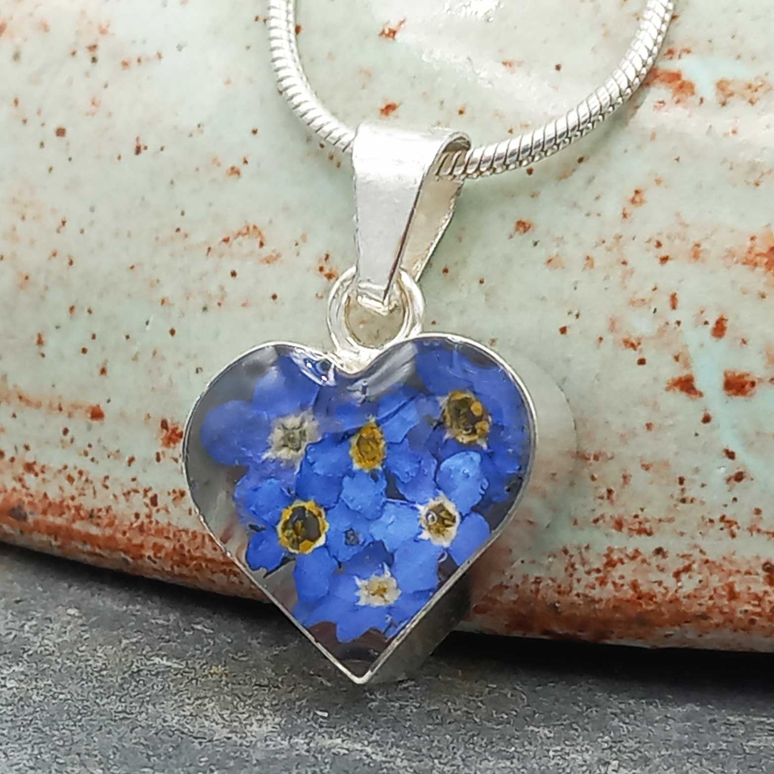 Handmade silver heart with forget-me-not flowers