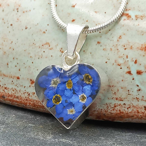 Handmade silver heart with forget-me-not flowers