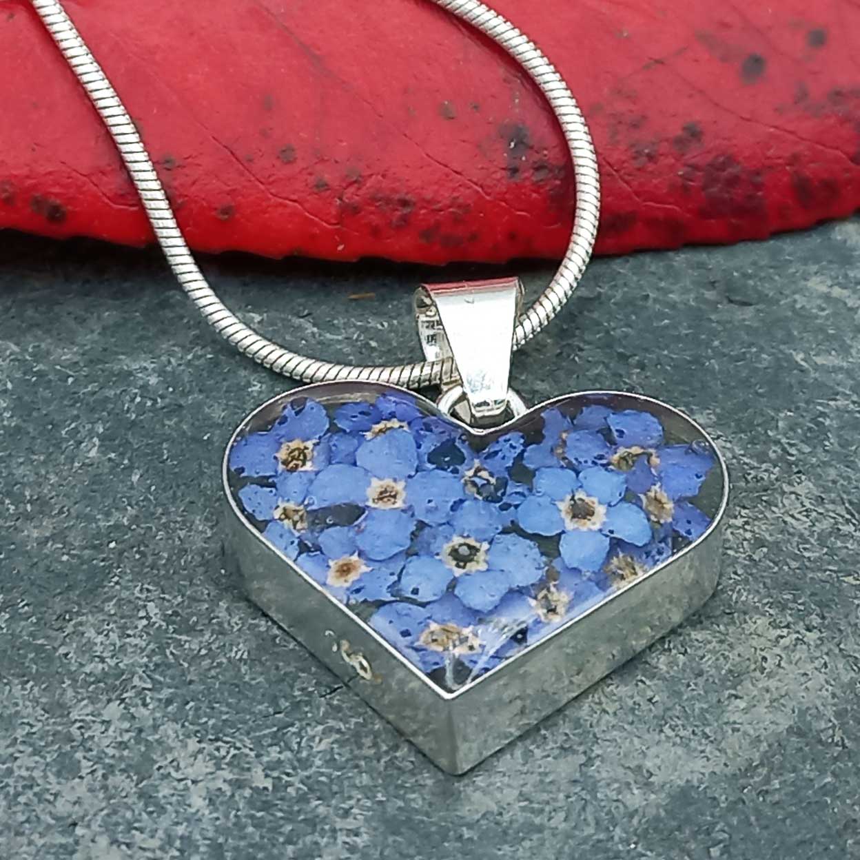 Sterling silver heart pendant with real forget-me-nots