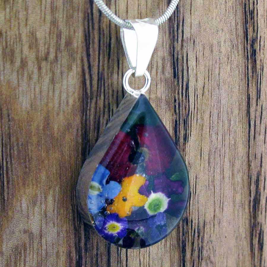 Teardrop Silver Flower with Poppy & Mixed Flowers Pendant Main image