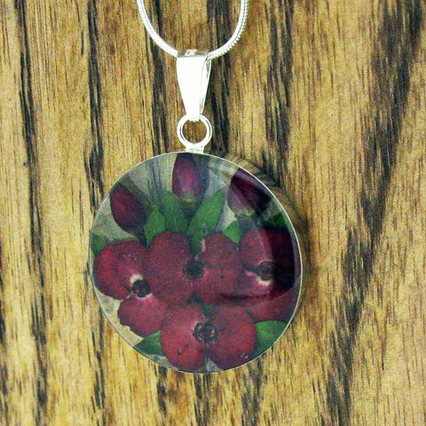 Circle Poppy & Rose Silver Flower Pendant 
