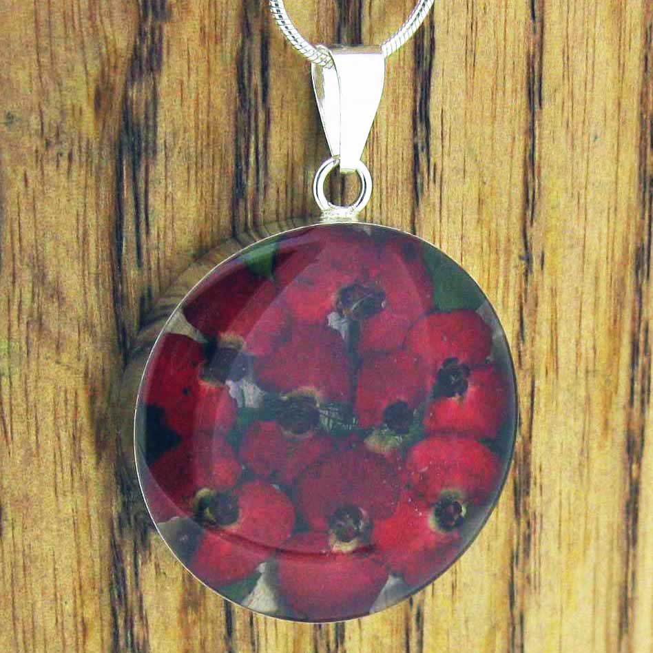 Real pressed poppies large silver pendant