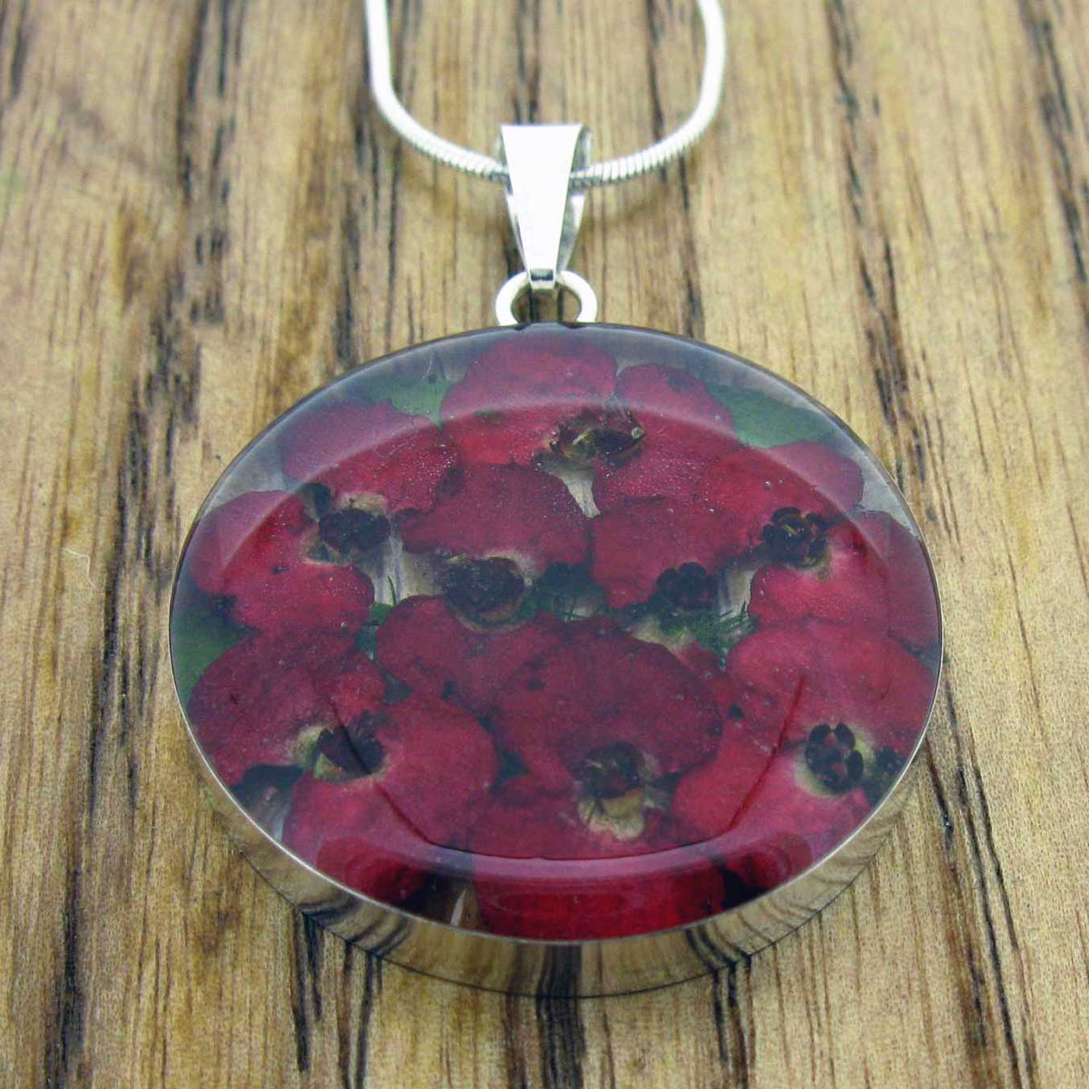 Circle Poppy Silver Flower Pendant