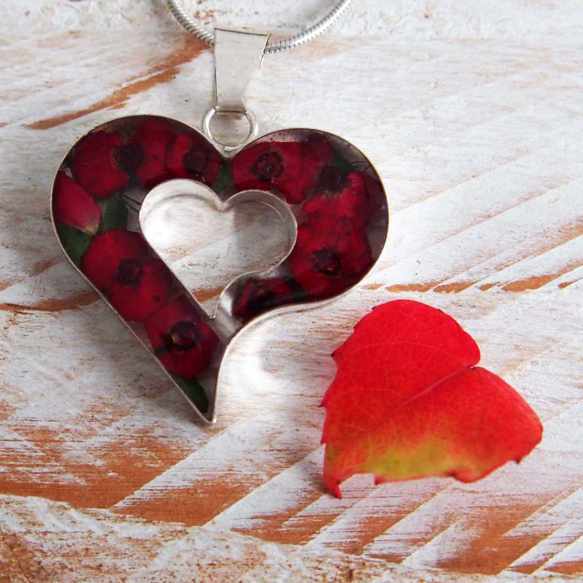 Poppy Cut-out Heart with Poppies Flower Silver Pendant