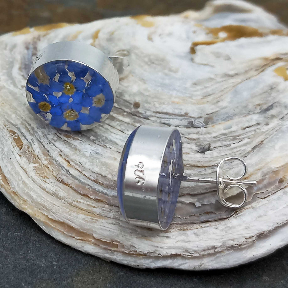 Handmade sterling silver Circle Forget-me-not Flower stud earrings