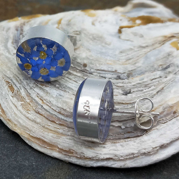 Handmade sterling silver Circle Forget-me-not Flower stud earrings